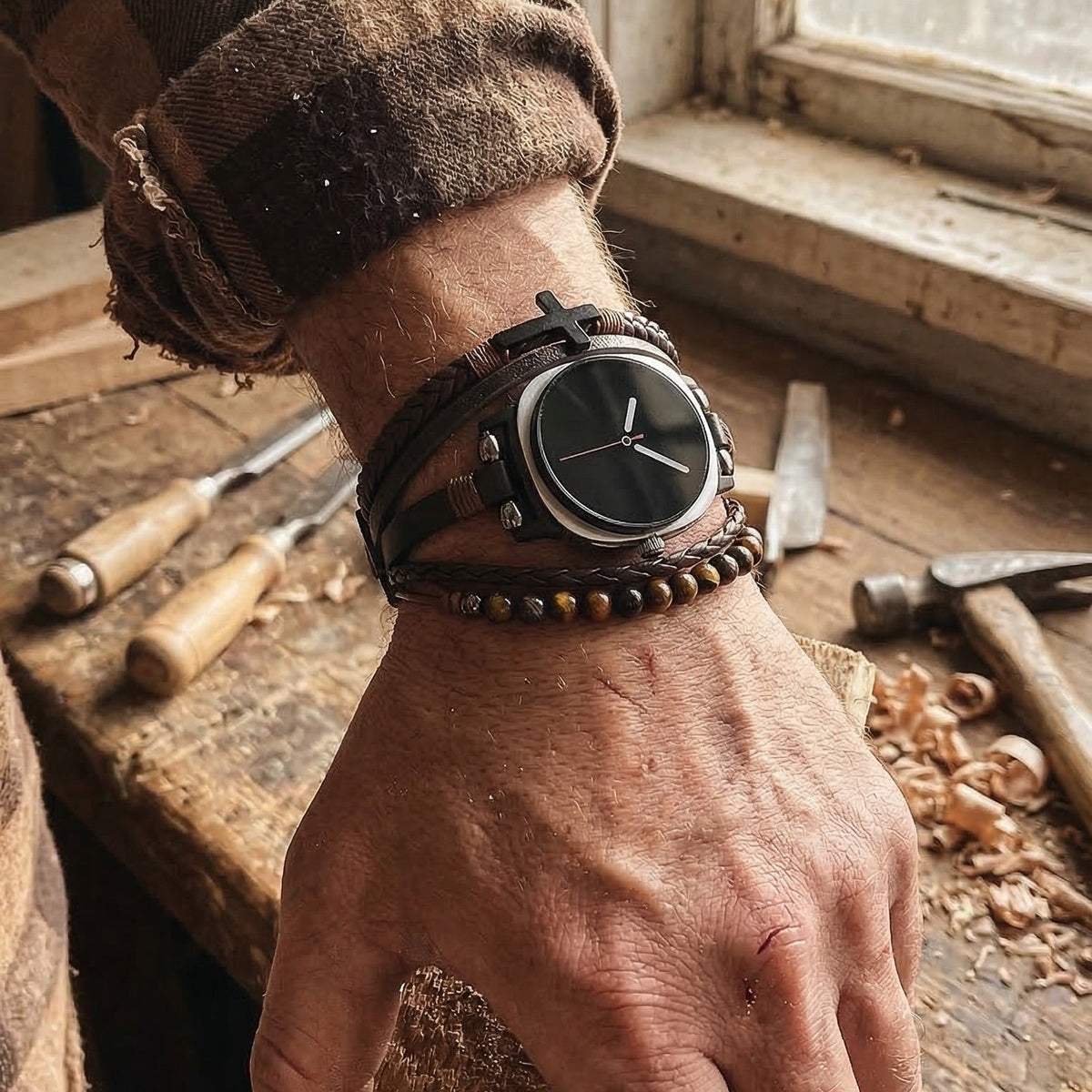 Bracelet Samsung Watch / Huawei Watch / Garmin Quick Release / Ice Watch multi rangs simili vegan et perles œil de tigre, montre avec croix, design masculin moderne, modèle Dezio