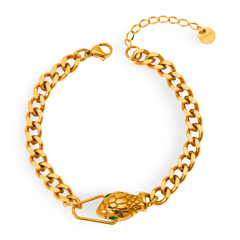 Bracelet plaqué or 18 carats avec chaîne maille épaisse et tête de serpent ornée d'yeux verts.