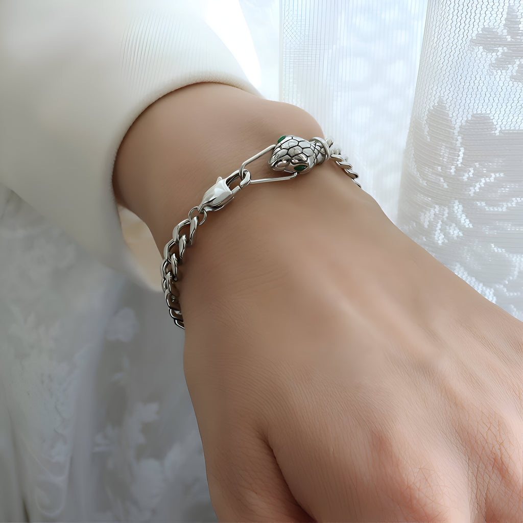 Bracelet serpent aux yeux verts, plaqué or 18 carats, modèle Sauvanne