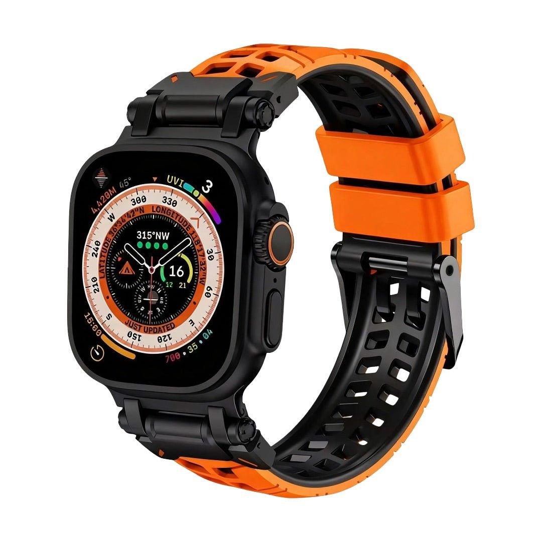 Bracelet silicone perforé noir et orange pour Apple Watch, fermeture à ardillon noire robuste, style sportif.