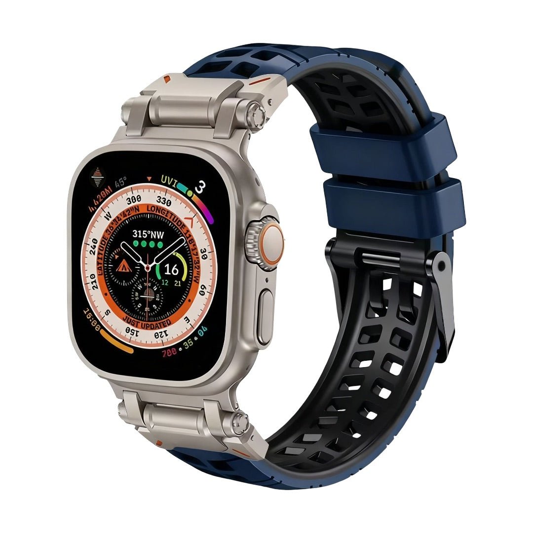 Bracelet silicone bleu perforé sport avec fermeture ardillon noire, compatible Apple Watch.