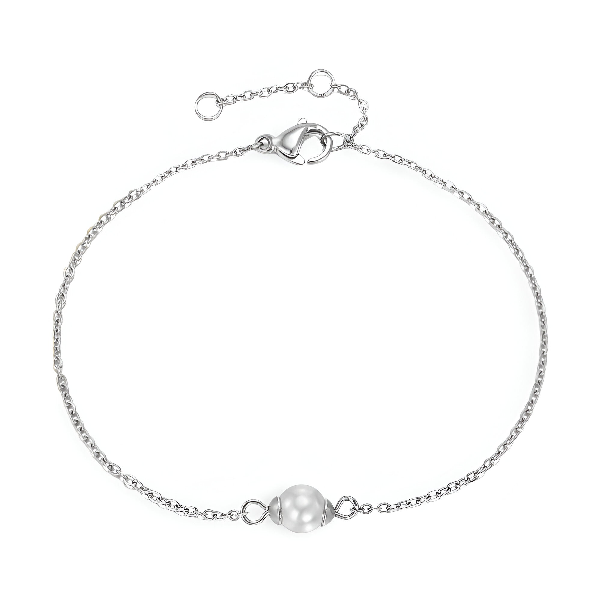Bracelet fin en acier inoxydable argenté avec perle centrale blanche lisse.