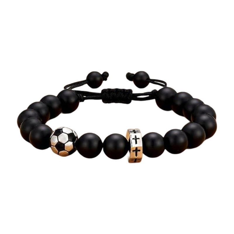 Black bead sports bracelet, adjustable cord bracelet with stainless steel football, basketball, baseball, and golf ball bead, Sporta model