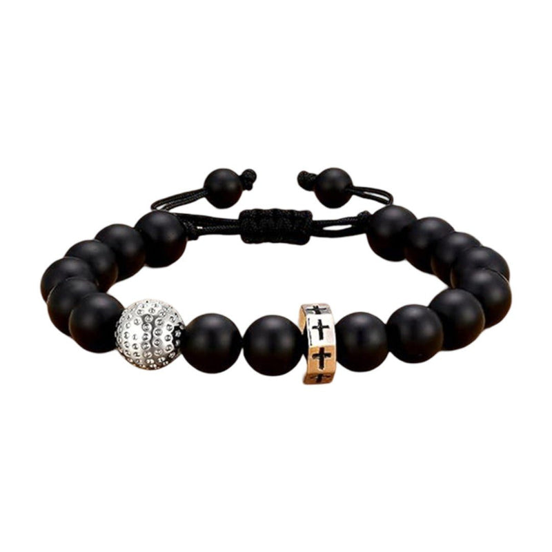 Black bead sports bracelet, adjustable cord bracelet with stainless steel football, basketball, baseball, and golf ball bead, Sporta model