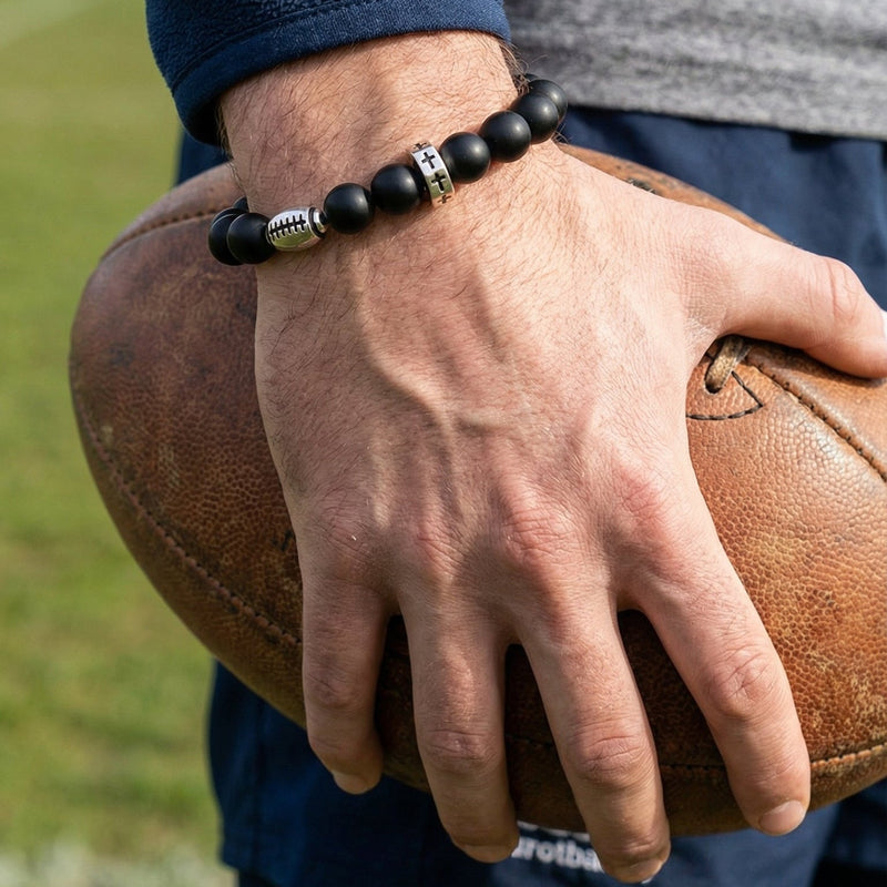 Black bead sports bracelet, adjustable cord bracelet with stainless steel football, basketball, baseball, and golf ball bead, Sporta model