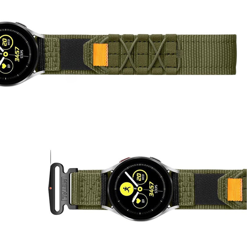 Bracelet vert kaki en nylon avec fermeture velcro orange pour montre Samsung Galaxy Watch.