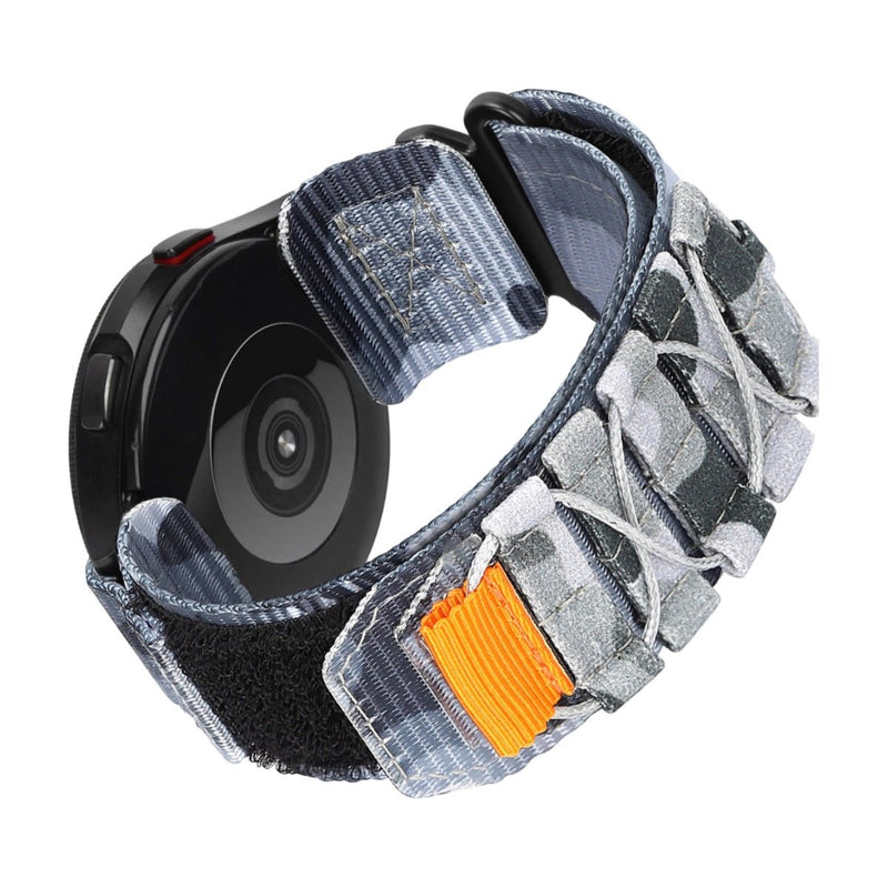 Bracelet nylon gris sport avec fermoir velcro orange pour Samsung Galaxy Watch, style robuste.