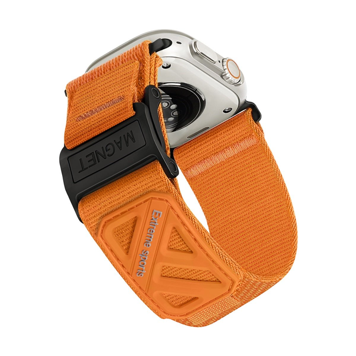 Bracelet Apple Watch orange en nylon tissé, fermoir magnétique noir robuste, design sport extrême.