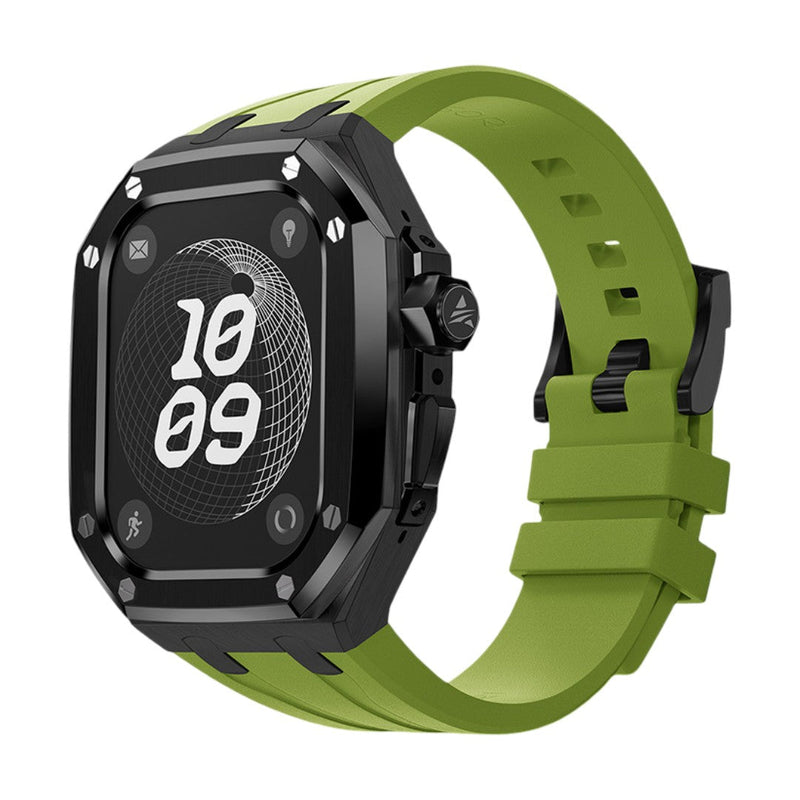 Bracelet sport vert olive en fluoroélastomère souple avec boîtier titane renforcé noir et boucle acier pour Apple Watch.