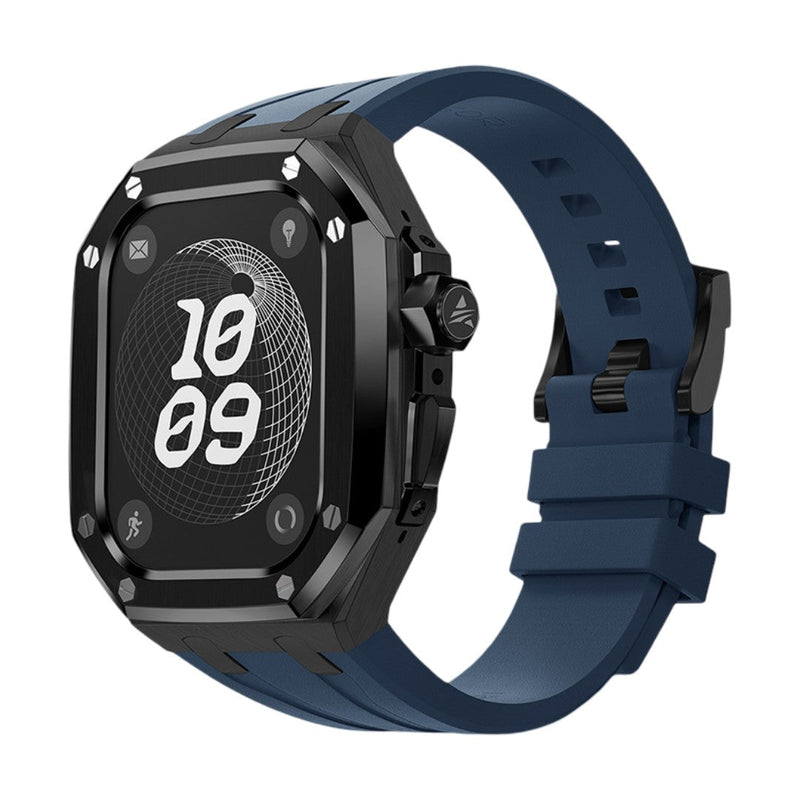Bracelet sport bleu fluoroélastomère souple avec boucle acier noir et boîtier renforcé pour Apple Watch Ultra 49mm.