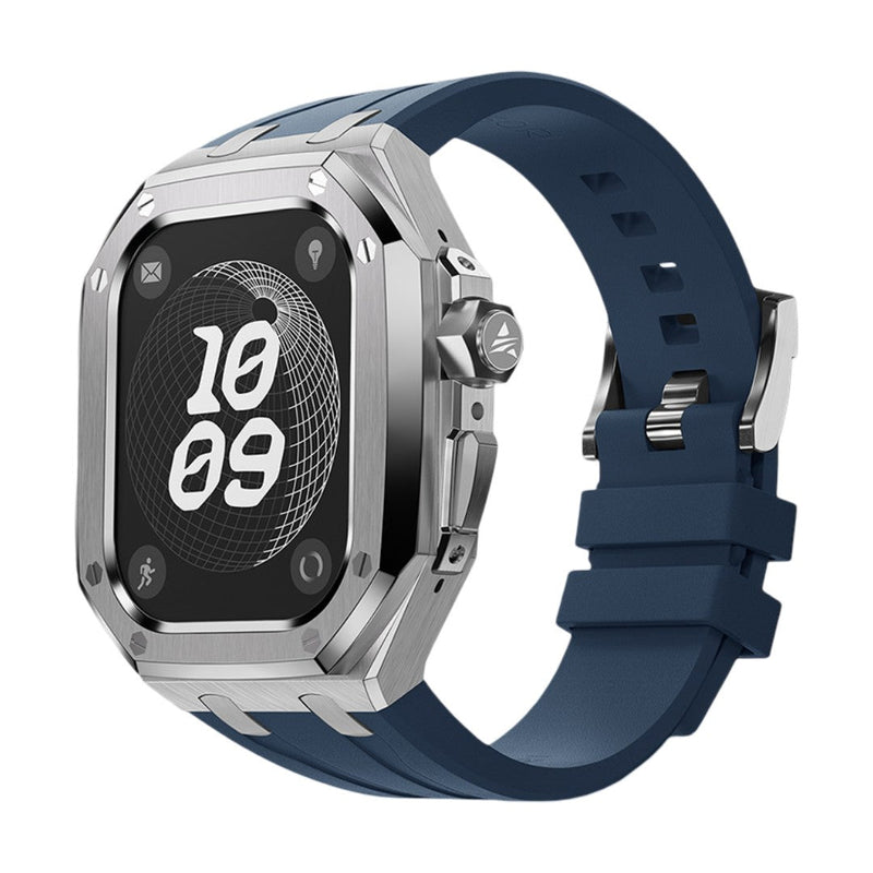 Bracelet sport bleu en fluoroélastomère souple avec boîtier robuste en titane et boucle acier pour Apple Watch Ultra 49mm.