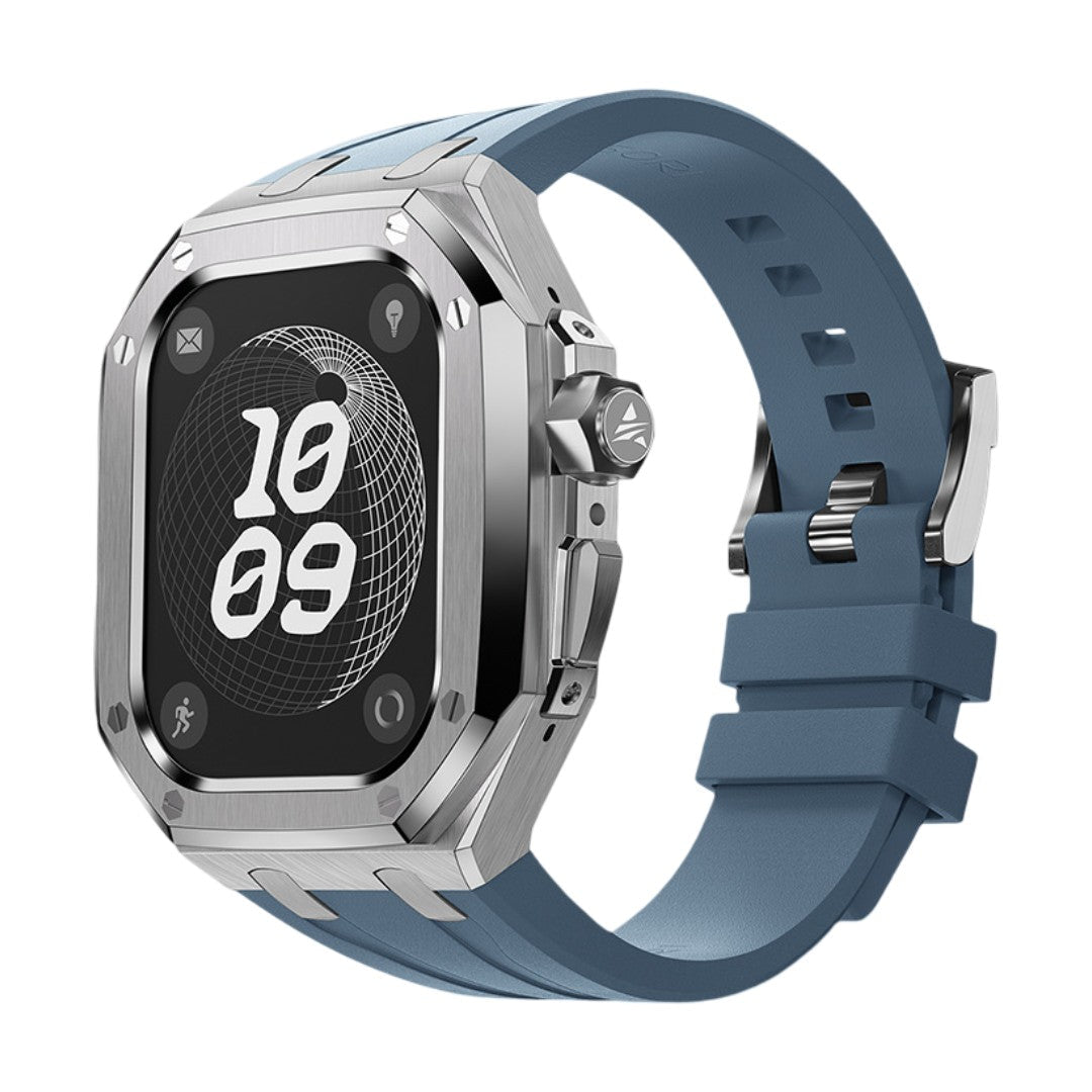 Bracelet fluoroélastomère bleu robuste avec boucle acier pour Apple Watch Ultra 49mm, boîtier renforcé titane.