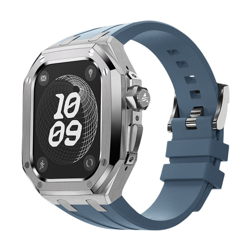 Bracelet fluoroélastomère bleu robuste avec boucle acier pour Apple Watch Ultra 49mm, boîtier renforcé titane.