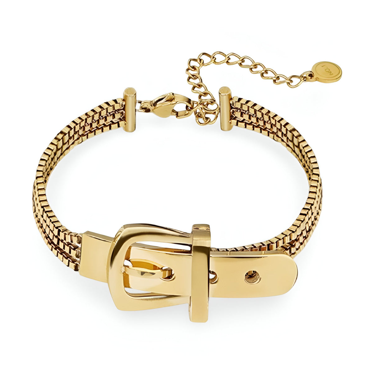 Bracelet femme en titane doré style boucle de ceinture avec maillons tressés et fermoir réglable.