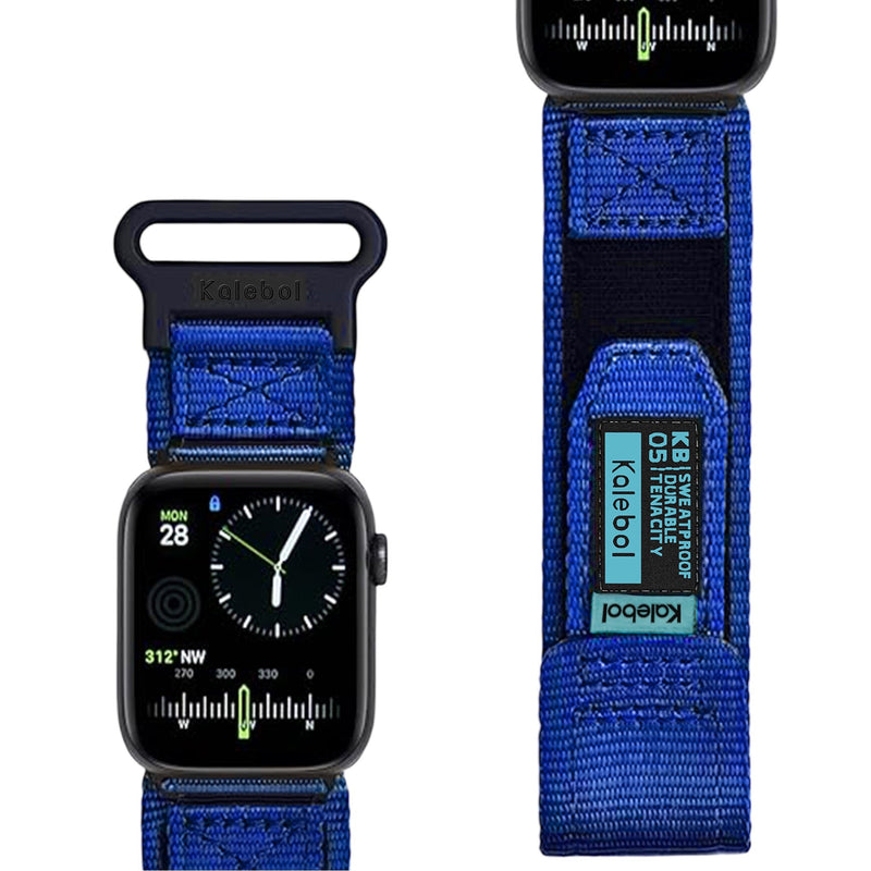 Bracelet nylon bleu vif à velcro pour Apple Watch avec étiquette Kalebol et bouclerie noire.