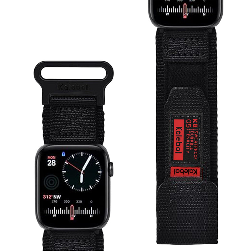 Bracelet nylon noir à velcro, ajustable, édition Kalebol pour Apple Watch, modèle Kayle, détail étiquette rouge.