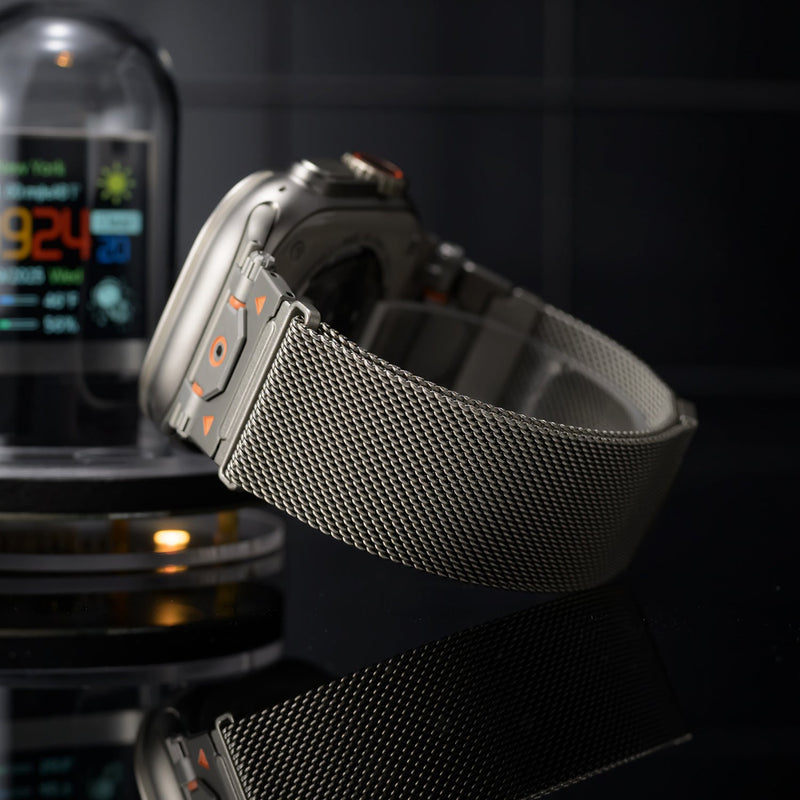 Bracelet tactique en acier inoxydable gris à mailles fines, pour Apple Watch, fermoir magnétique ajustable.