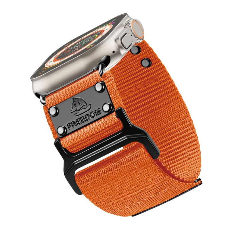 Bracelet tactique en nylon orange ajustable pour Apple Watch, modèle Winry, boucle noire robuste.