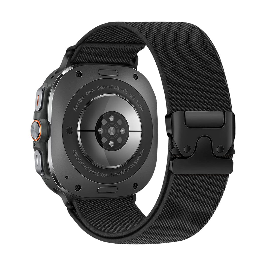 Bracelet noir en nylon tissé avec boucle tactique parachute pour Samsung Ultra, style sportif robuste.