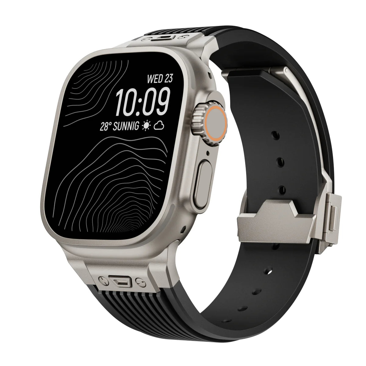 Bracelet silicone noir avec fermoir papillon argenté pour Apple Watch, modèle Balinor.