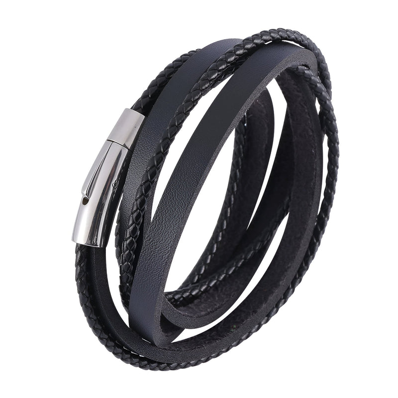 Bracelet multi tours en cuir noir tressé et lisse avec fermoir métallique argenté élégant.