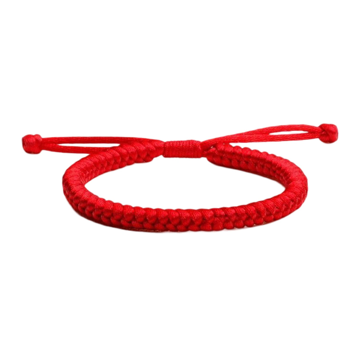 Bracelet tibétain rouge en fil ciré tressé avec nœuds coulissants pour ajustement.
