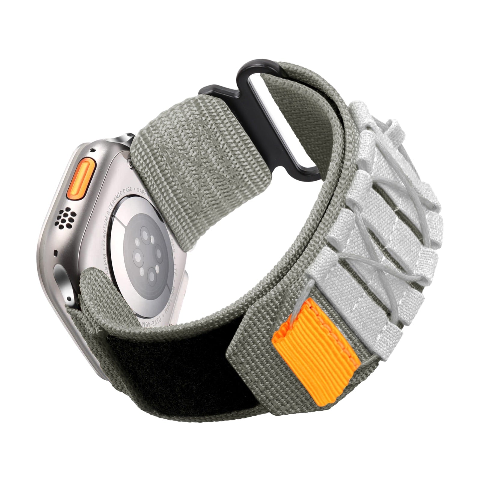 Bracelet Apple Watch en nylon gris olive avec fermeture velcro et nœuds tactiques orange.