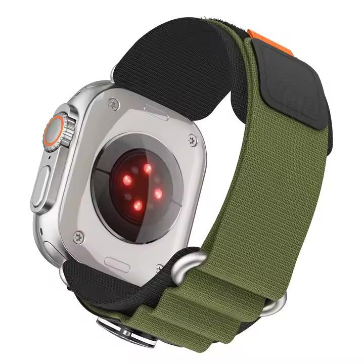 Bracelet tactique kaki en nylon avec boussole intégrée compatible Apple Watch taille 38-42 mm.