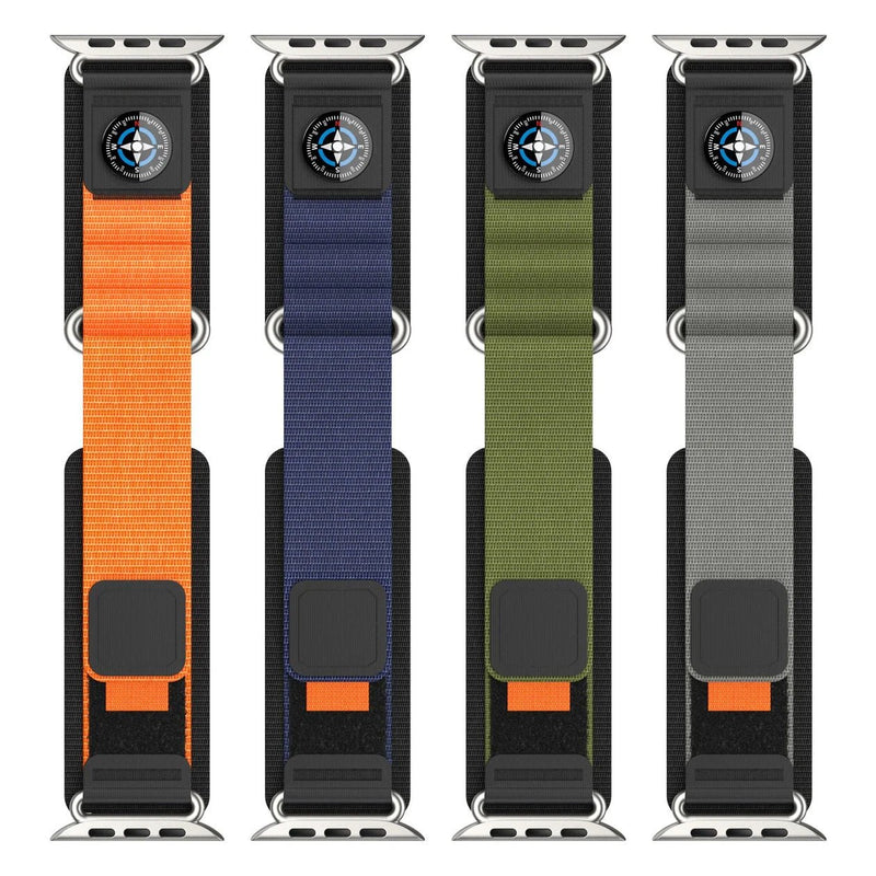 Bracelets trail tactiques en nylon avec boussole intégrée pour Apple Watch, couleurs orange, bleu marine, kaki et gris.