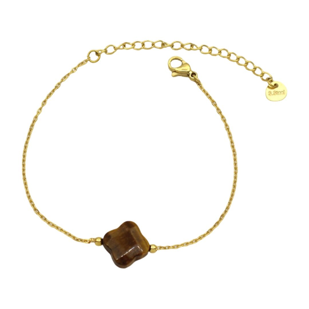 Bracelet fin doré avec pierre naturelle carrée marron et chaîne réglable avec fermoir mousqueton.