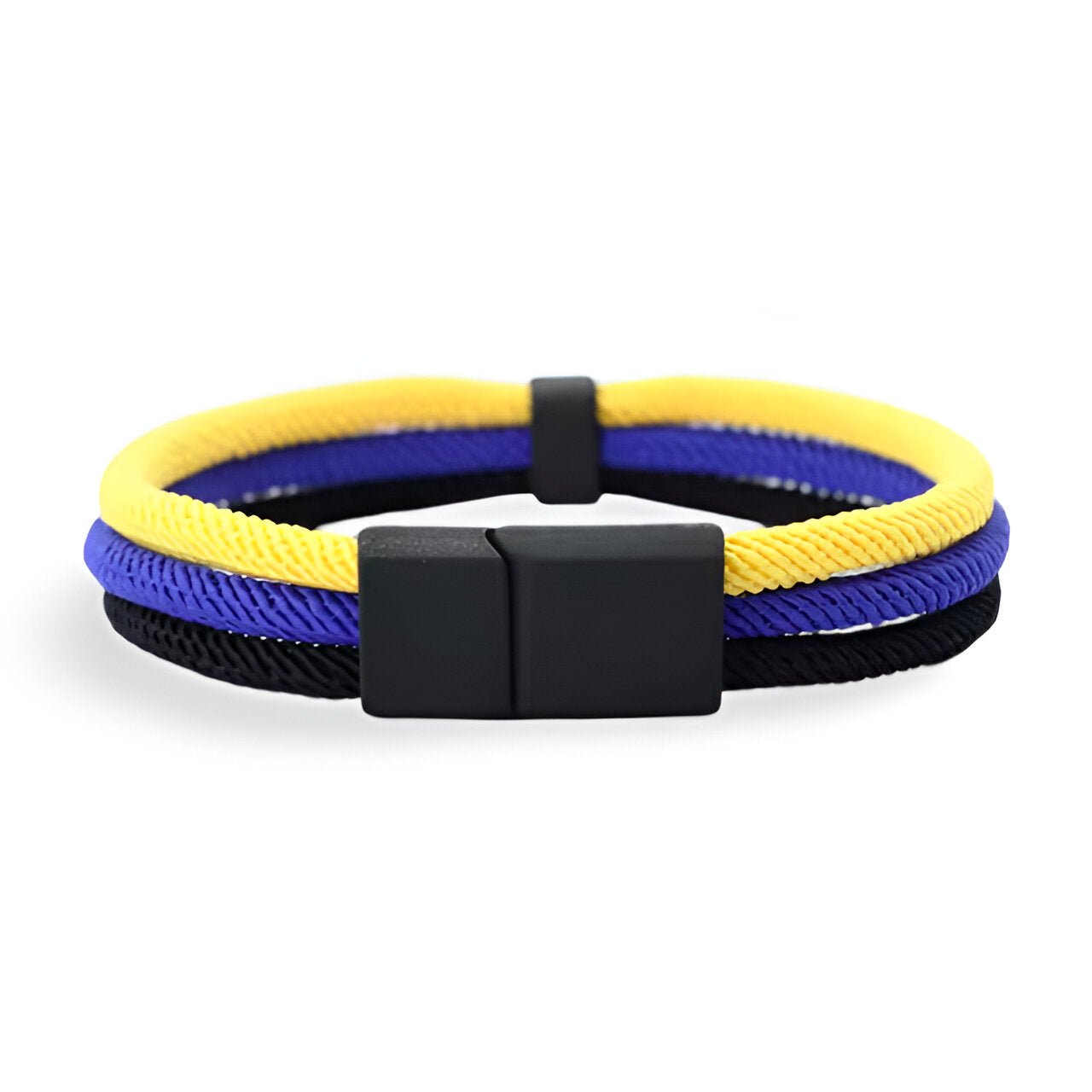 Bracelet homme triple cordons jaune et bleu avec fermoir noir mat.