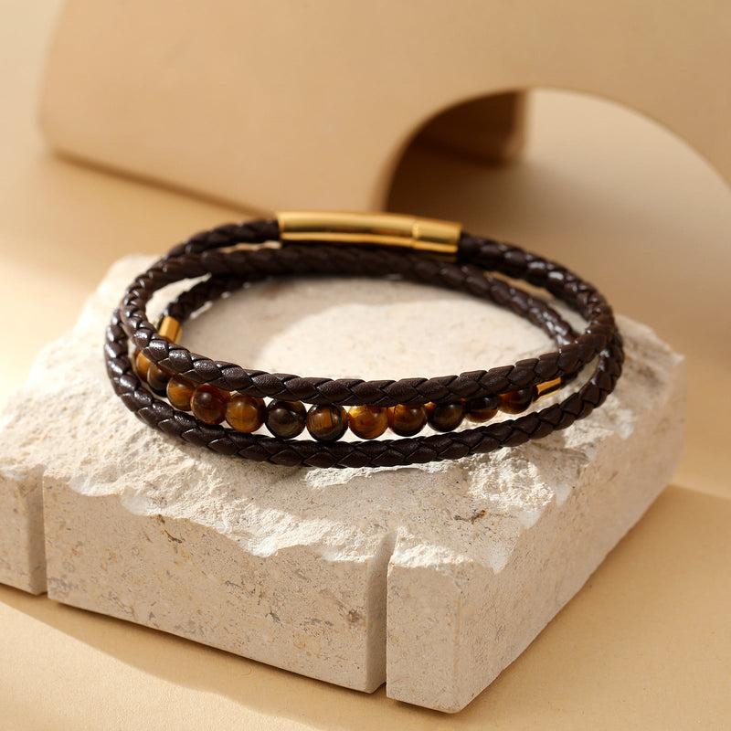 Bracelet triple rang cuir et pierres naturelle style rétro, acier inoxydable poli, accessoire masculin raffiné et distinctif, modèle Lancère