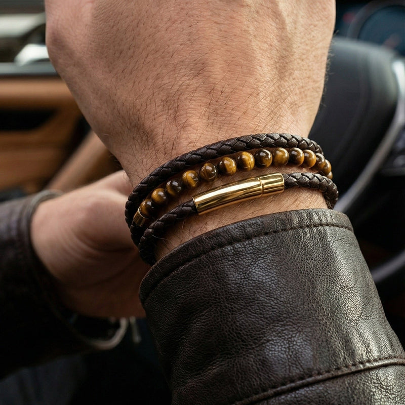 Bracelet triple rang cuir et pierres naturelle style rétro, acier inoxydable poli, accessoire masculin raffiné et distinctif, modèle Lancère