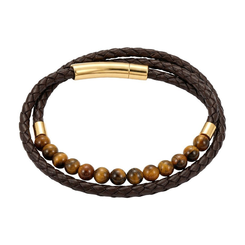 Bracelet triple rang cuir et pierres naturelle style rétro, acier inoxydable poli, accessoire masculin raffiné et distinctif, modèle Lancère