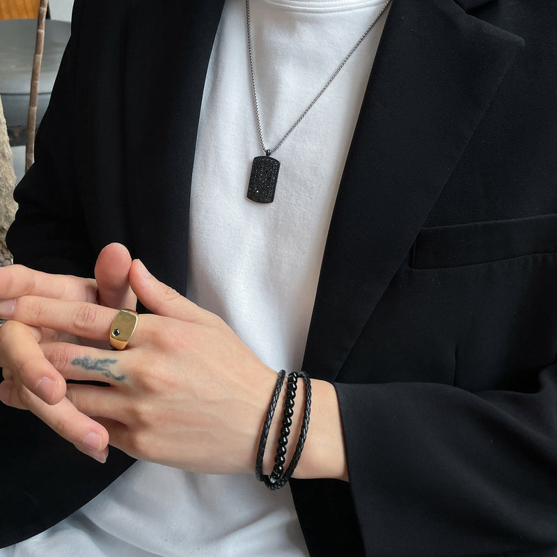 Bracelet triple rang cuir et pierres naturelle style rétro, acier inoxydable poli, accessoire masculin raffiné et distinctif, modèle Lancère