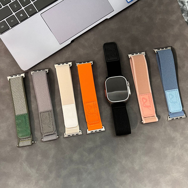 Bracelets velcro en nylon aux couleurs vert, gris, blanc, orange, noir, rose et bleu, pour Apple Watch, modèle Mercury.