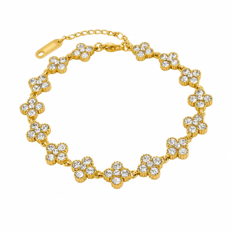 Bracelet en acier inoxydable, motif trèfle orné de cristaux, accessoire féminin ajustable, éclat luxueux, modèle Lisiana