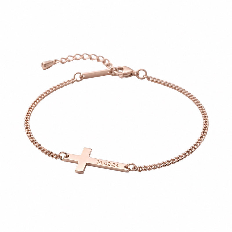 Bracelet croix gravable en acier inoxydable, chaîne fine ajustable, symbole personnel à porter chaque jour, modèle Shilore