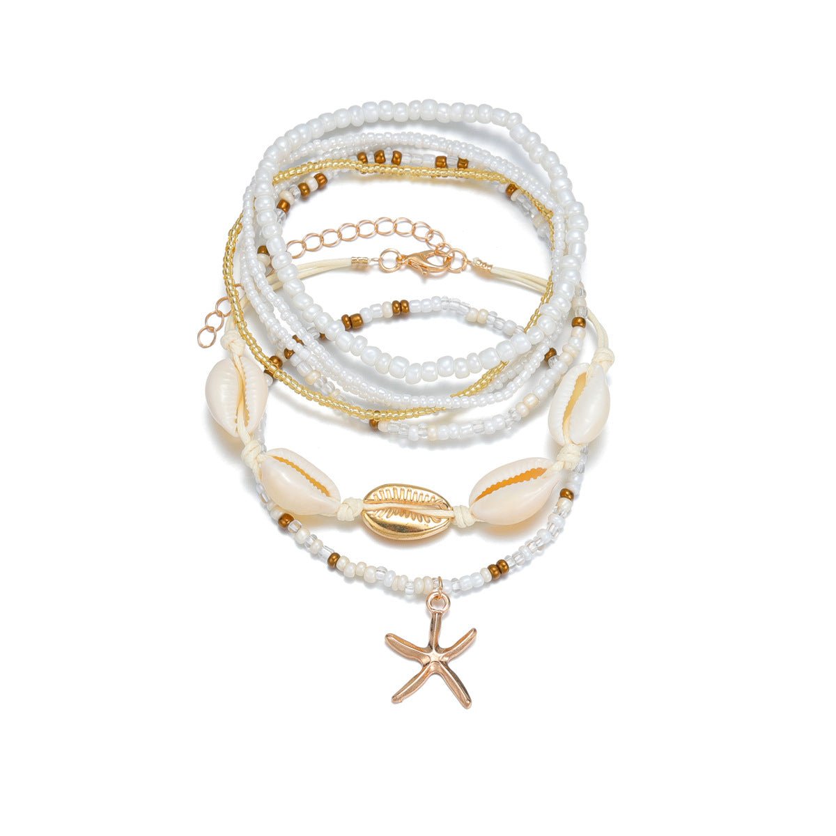 Bracelets de cheville blancs avec perles, coquillages naturels et étoile de mer en métal doré.