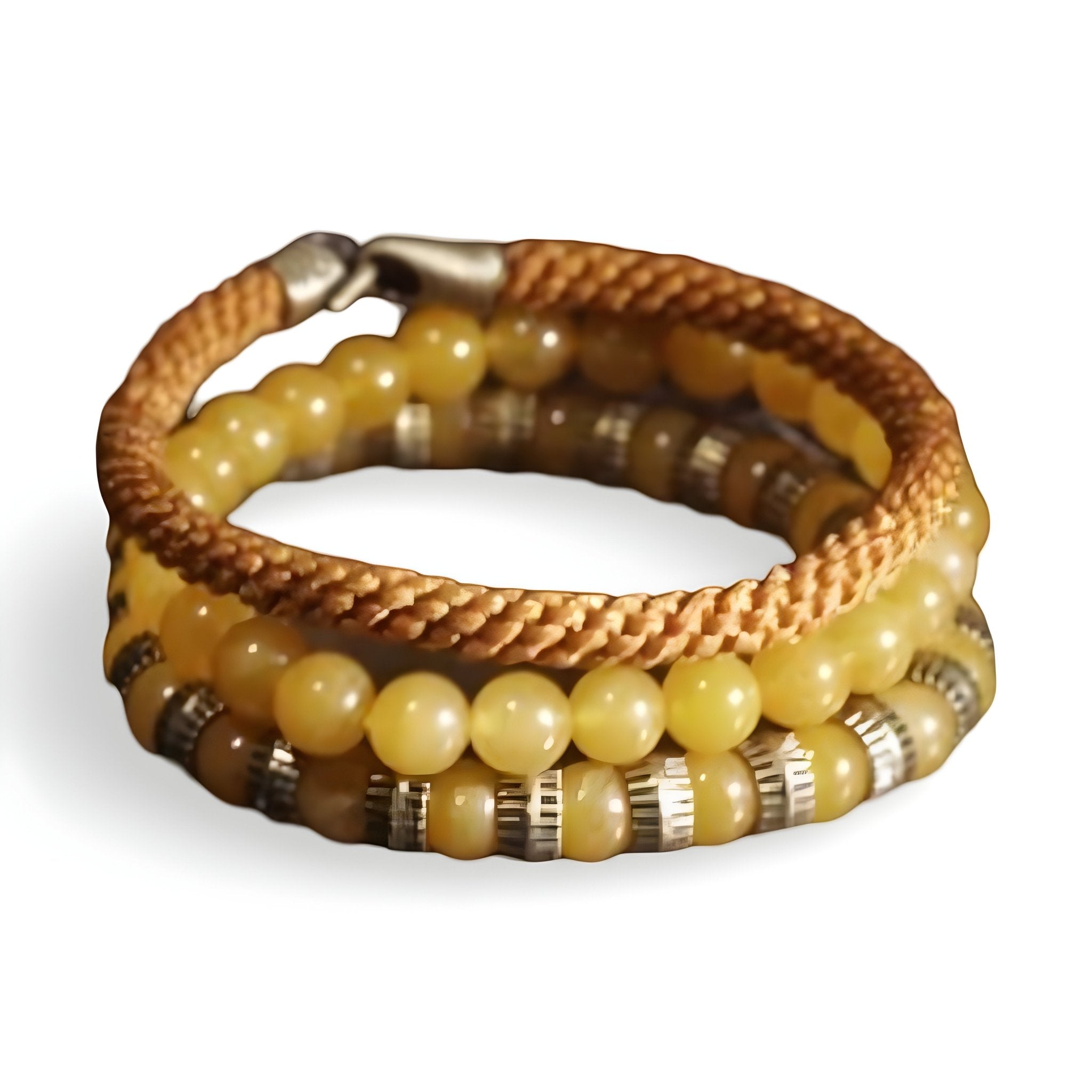 Trio de bracelets femme en pierres naturelles jaunes et corde tressée orange avec perles métalliques argentées.
