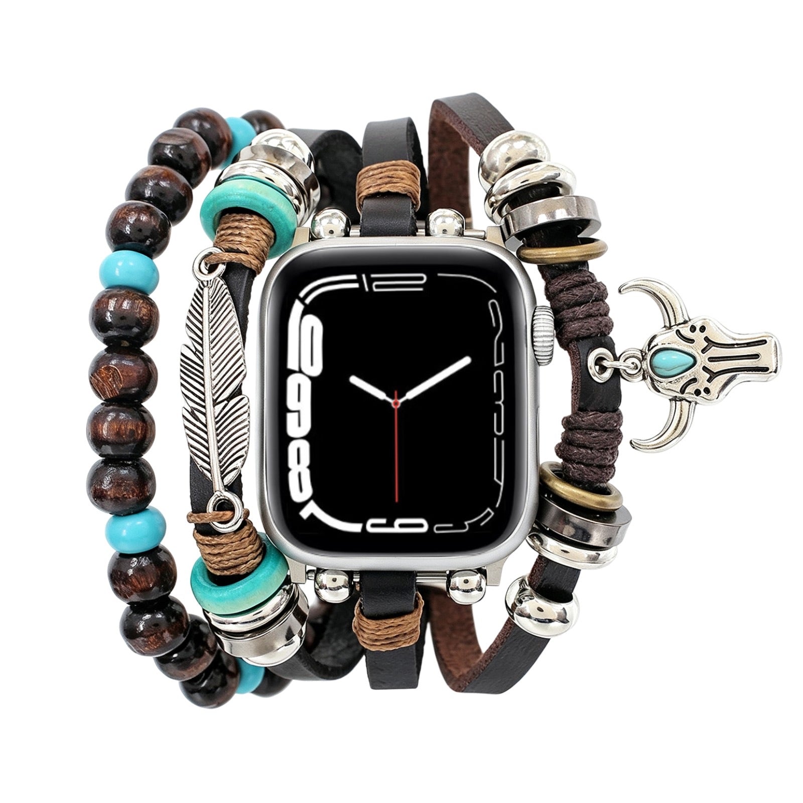 Bracelet pour Apple Watch, pendentifs plume et tête de buffle, plusieurs rangs, longueur ajustable, modèle Bufa