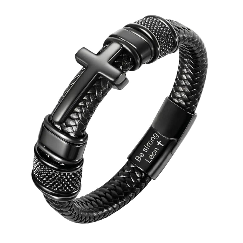 Geflochtenes Lederarmband für Herren, schwarzer Edelstahl, christliches Kreuz, sicherer Magnetverschluss, religiöses Herren-Schmuckstück, Modell Cébreu