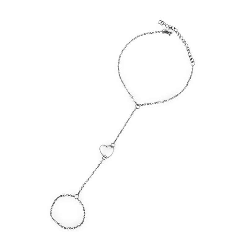 Bijou de main en acier inoxydable argenté avec cœur central et chaîne fine ajustable.
