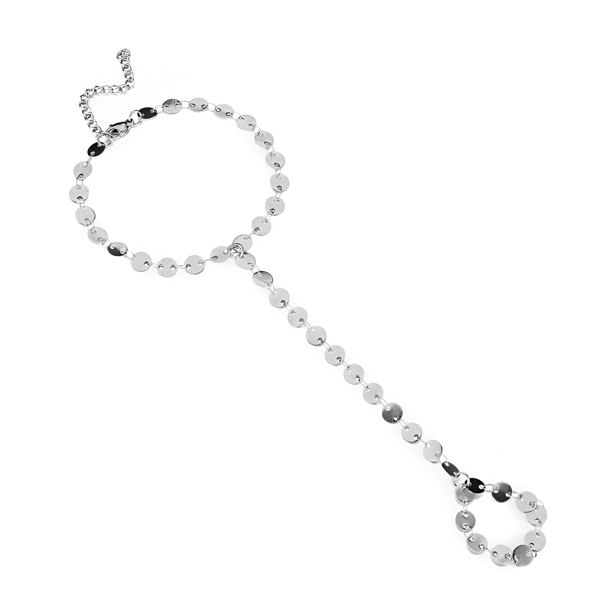 Bijou de main en acier inoxydable argenté avec médaillons ronds reliés par une chaîne fine.
