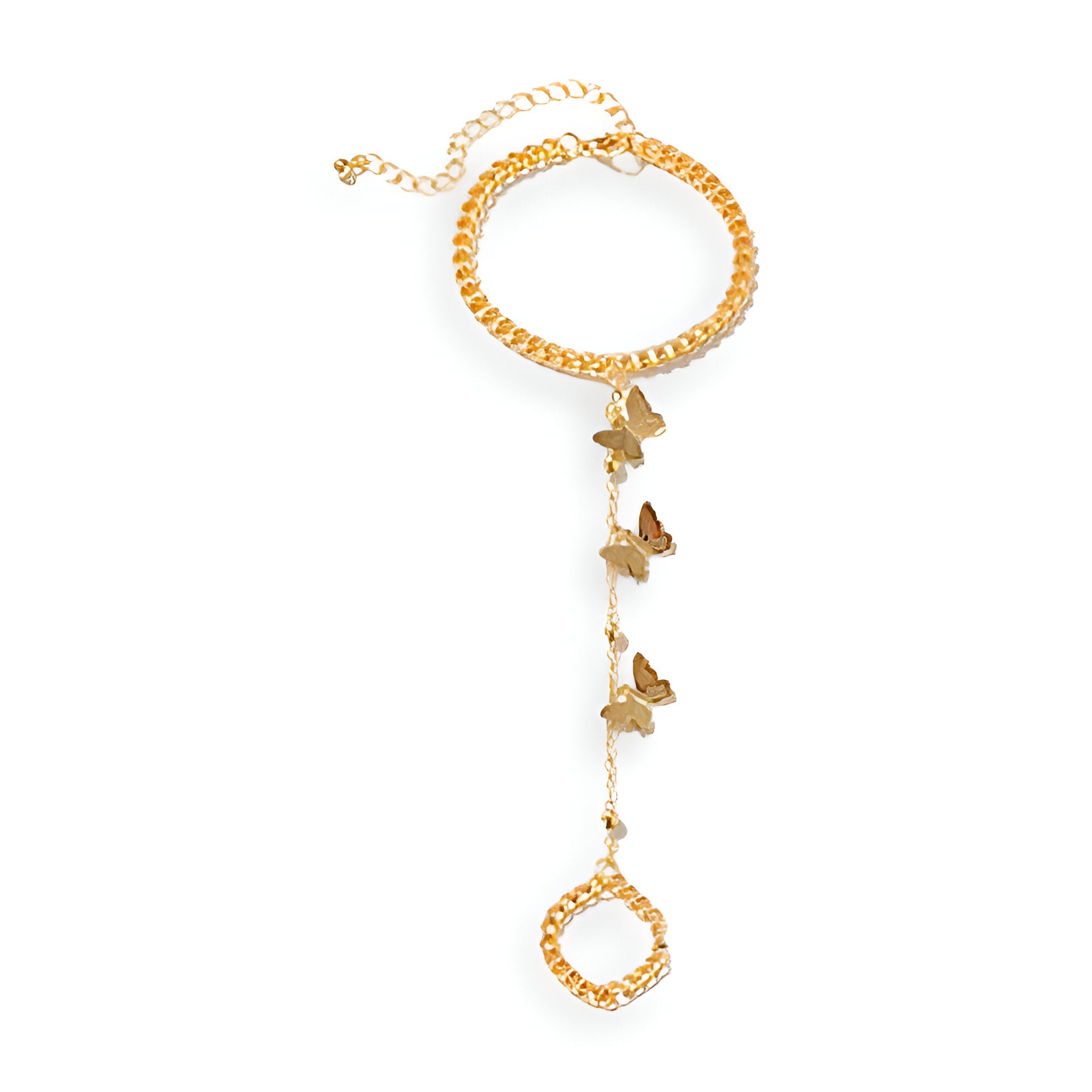 Bracelet de main doré en acier inoxydable avec motif papillons et anneau ajustable.
