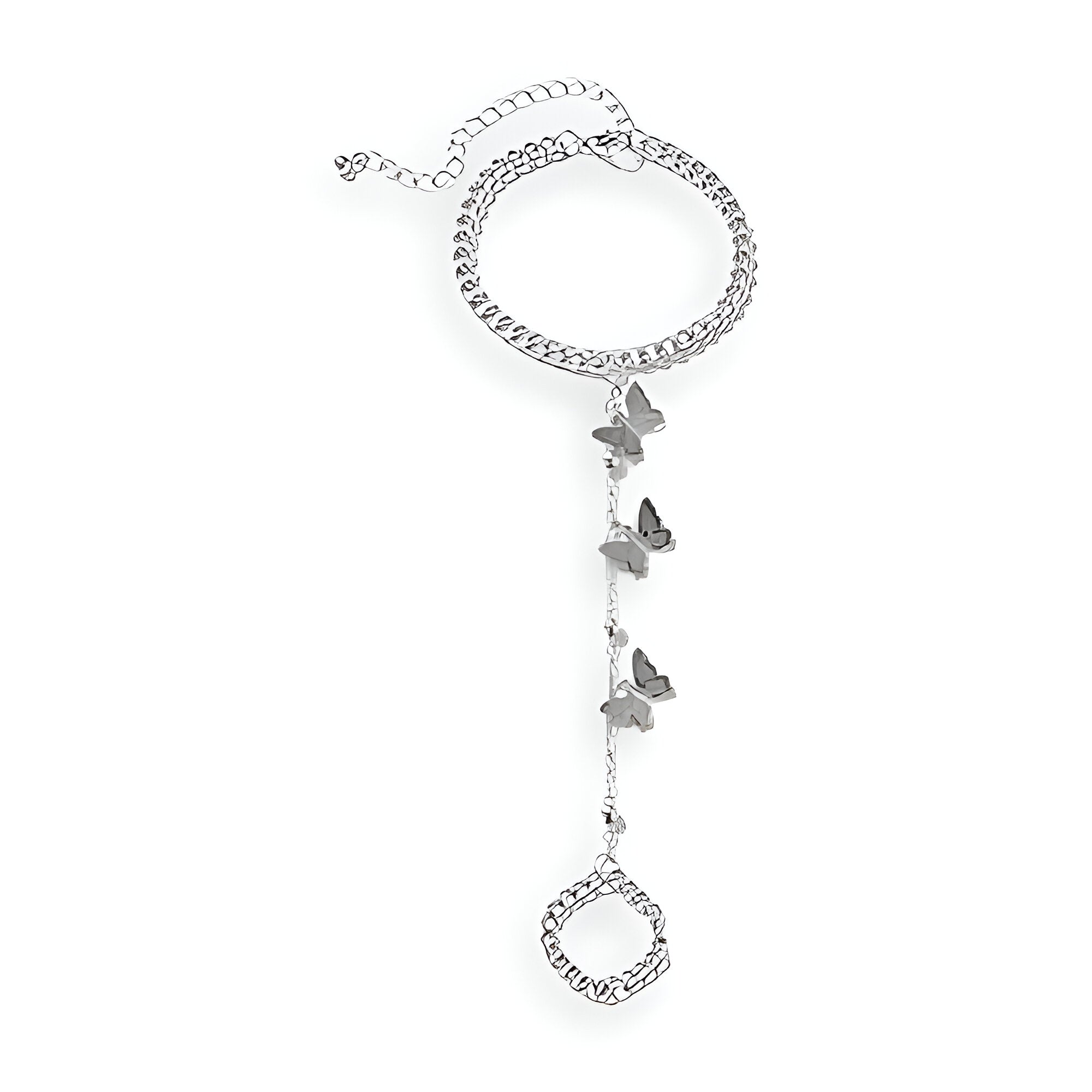 Bijou de main en acier inoxydable argenté avec chaîne, papillons et anneau ajustable.