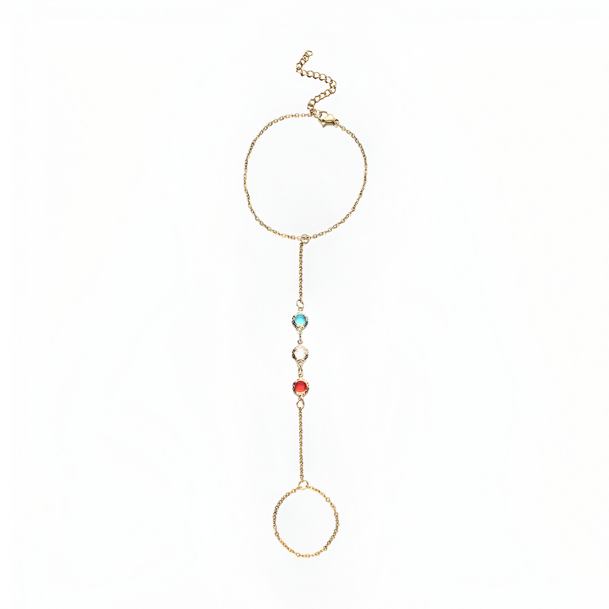 Bijou de main en acier doré avec chaîne fine et pierres zircon multicolores, modèle Rachka.