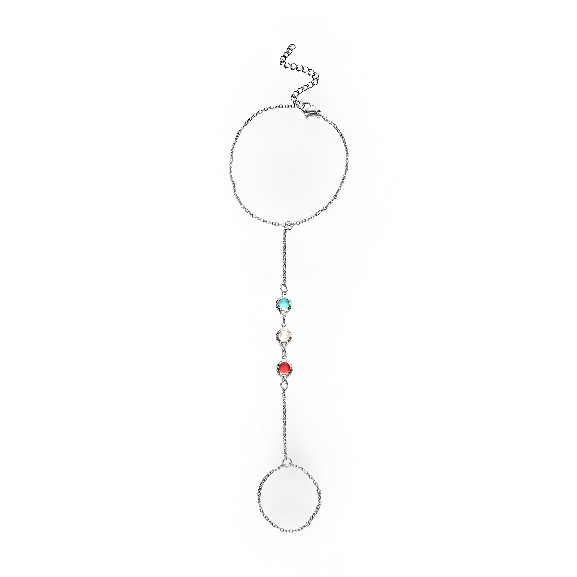 Bracelet chaîne de doigt en acier inoxydable argenté avec pierres zircon multicolores fines.
