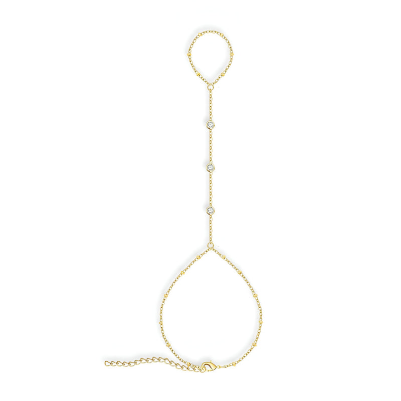 Bijou de main doré en acier inoxydable avec zirconiums, design chaîne fine élégante.