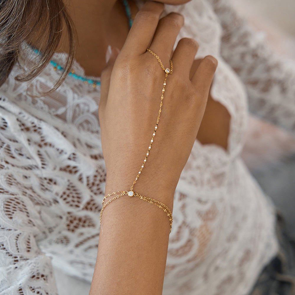 Chaîne de doigt et bracelet en acier inoxydable doré brillant, maille fine style café, pendentif rond sur bracelet.